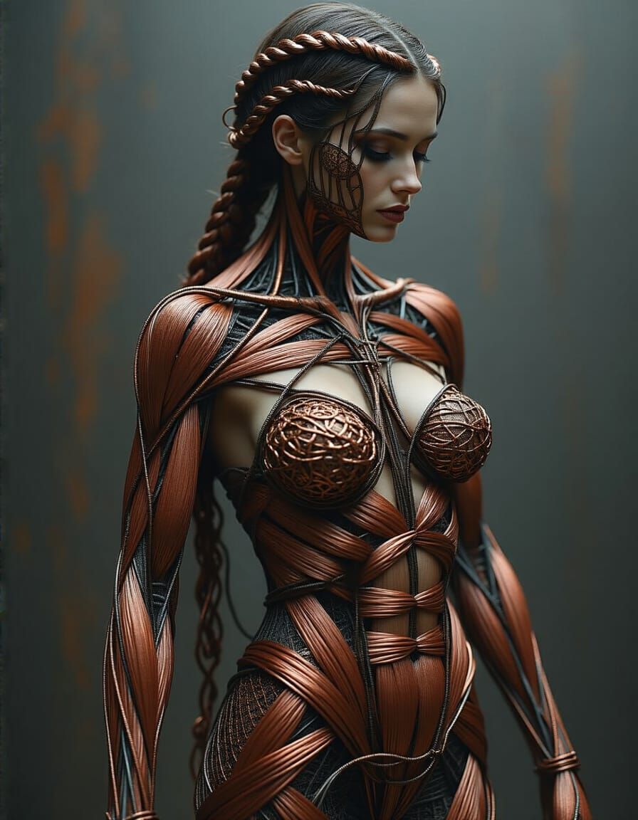Intricate Wireframe Female Figure in Industrial Style