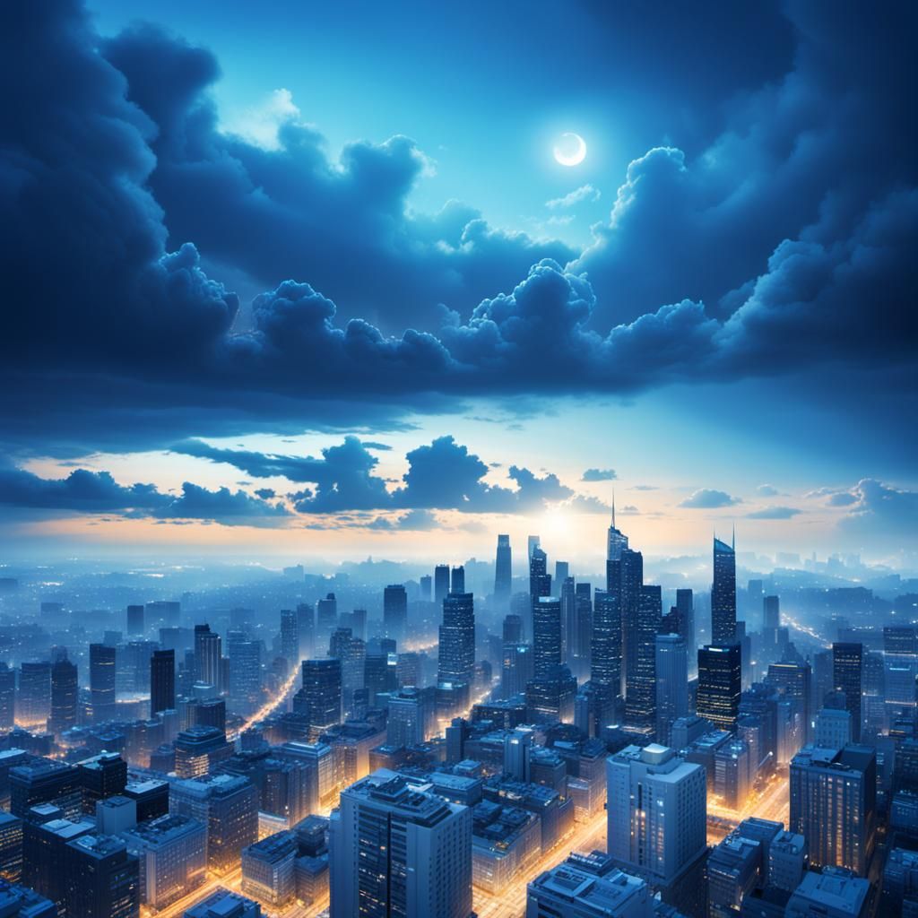 Blue Cityscape: A bustling city at twilight, with various shades of blue capturing the transition from day to night. mon...