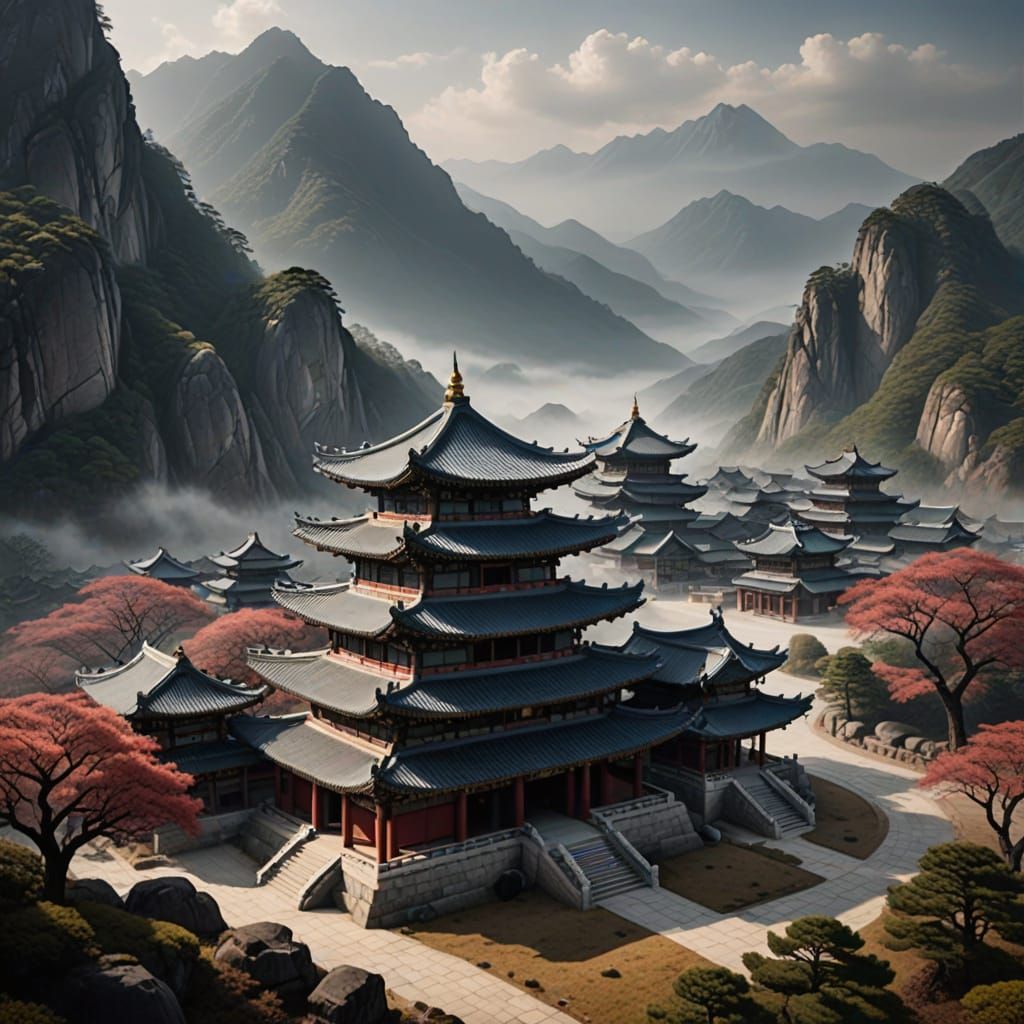 Fantasy Korean Temple in Misty Mountains
