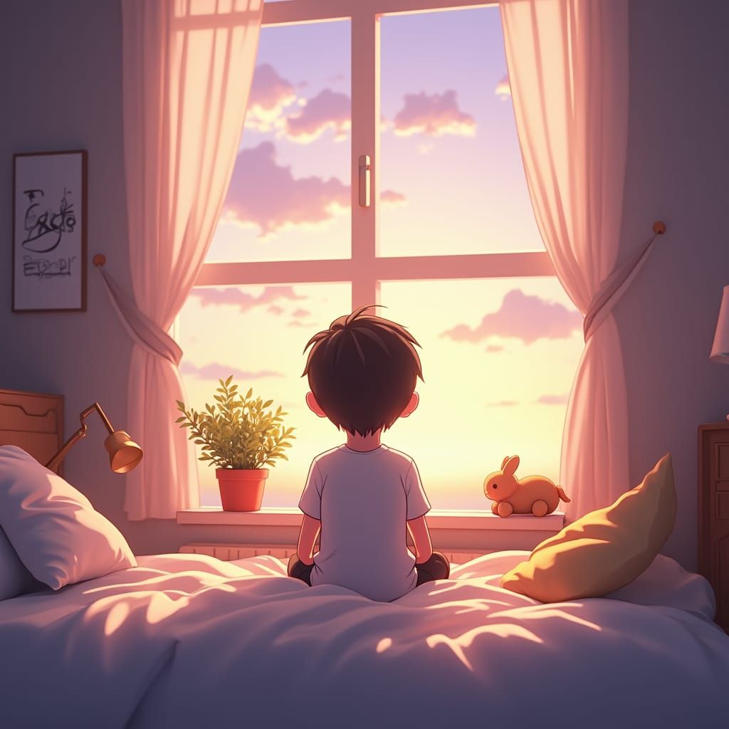 Boy in Bed with Morning Light, 3D Anime Art