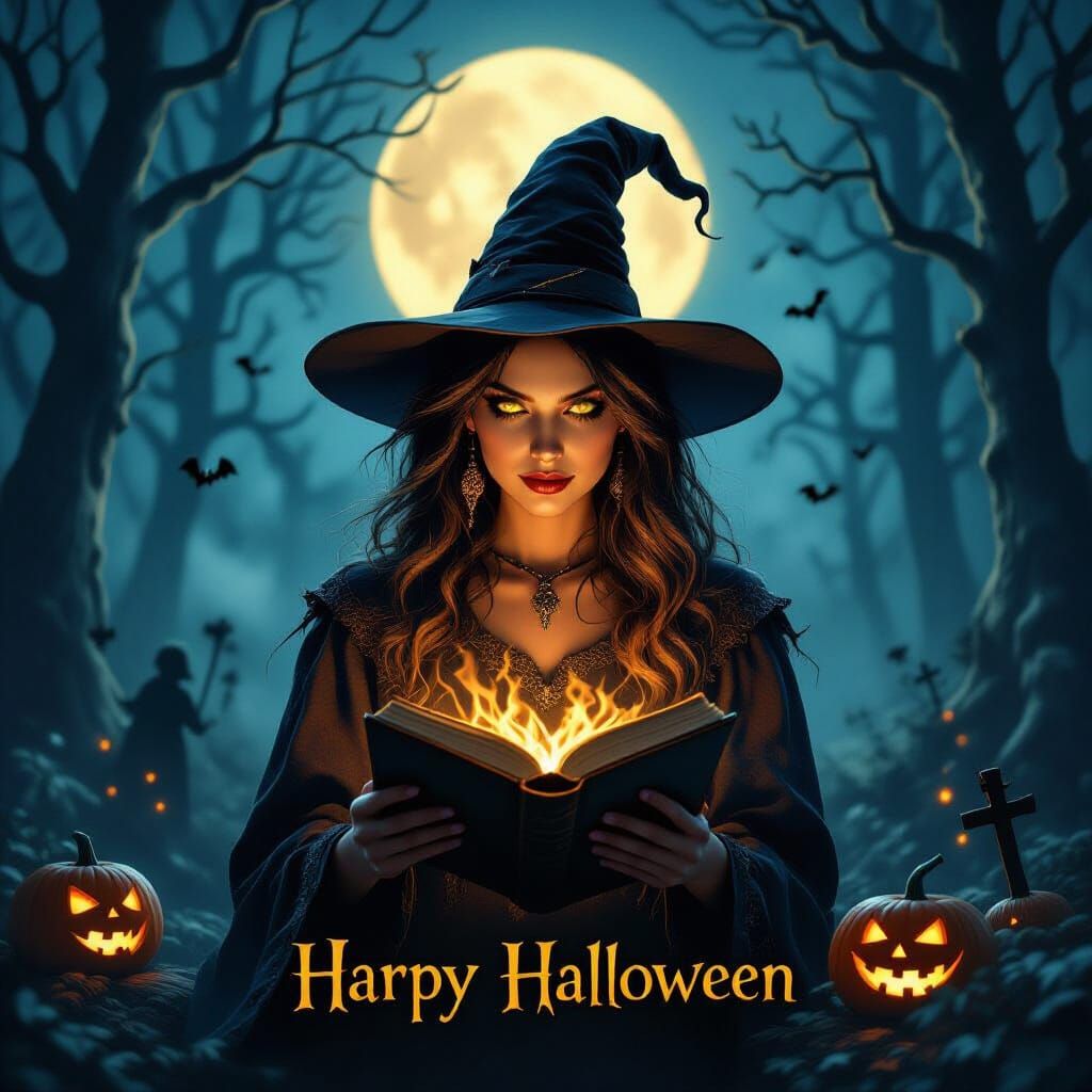 Terrifying Halloween Witch in Misty Forest