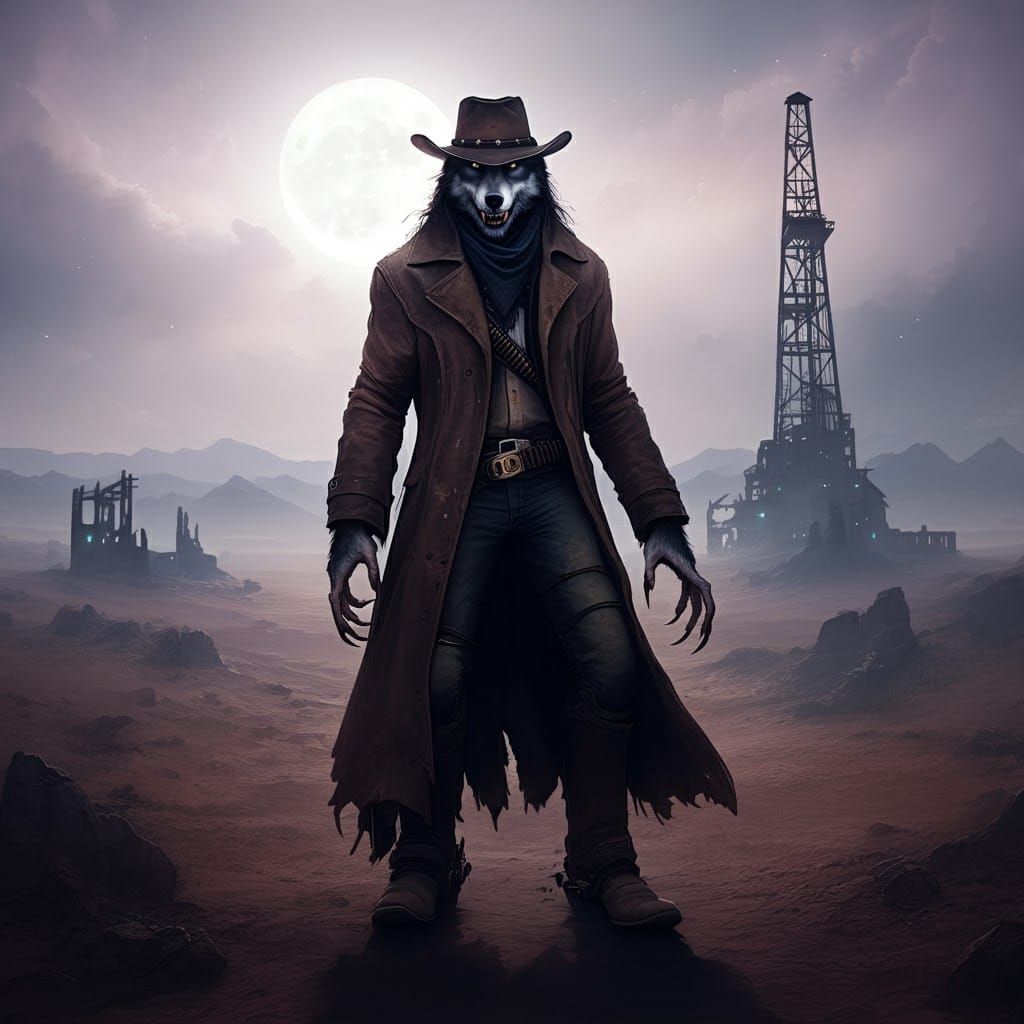 Werewolf Cowboy in Post-Apocalyptic Moonscape