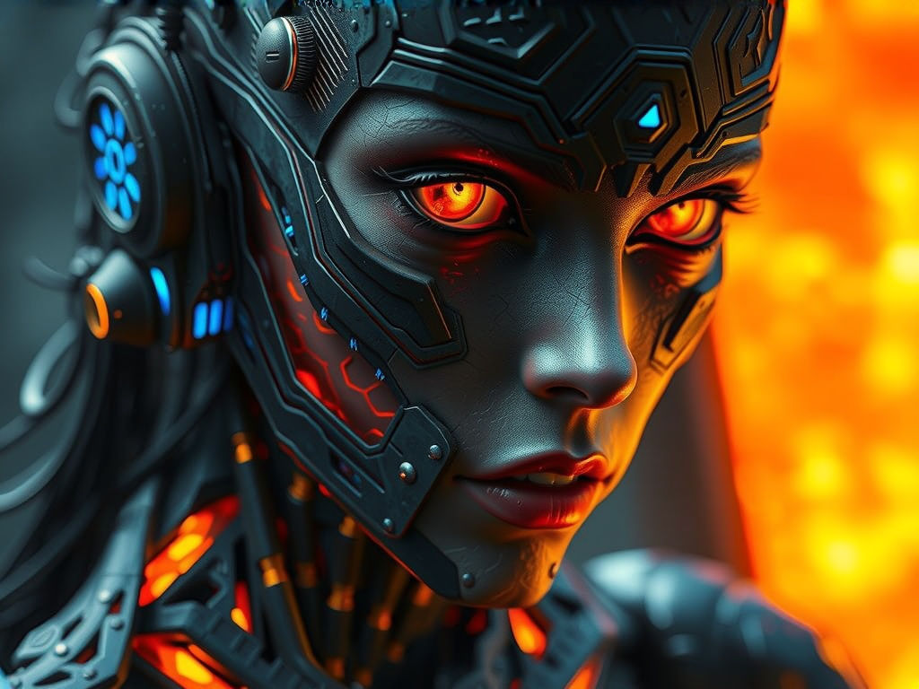 Closeup: hyperrealistic cyborg woman -lava zombie, table gen...