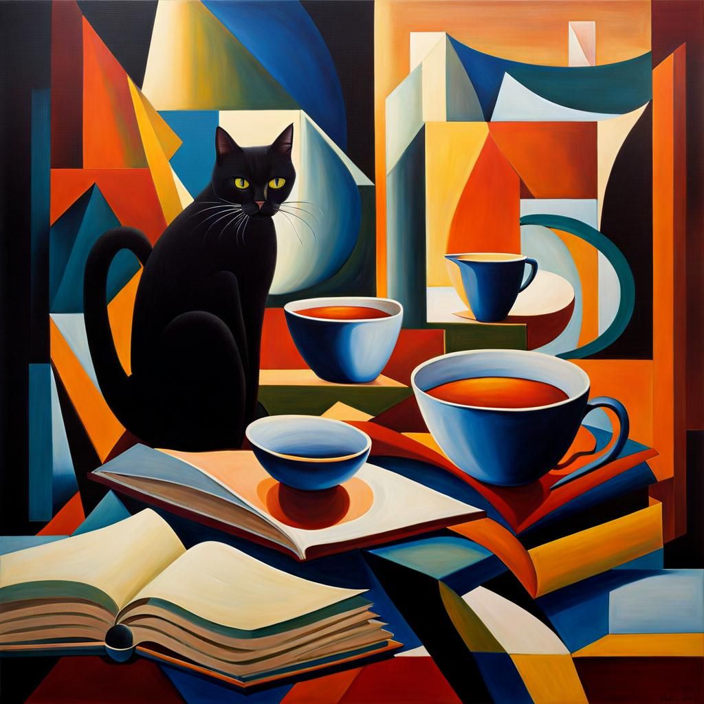 Cat, Book, and Tea in Hard-Edged Style