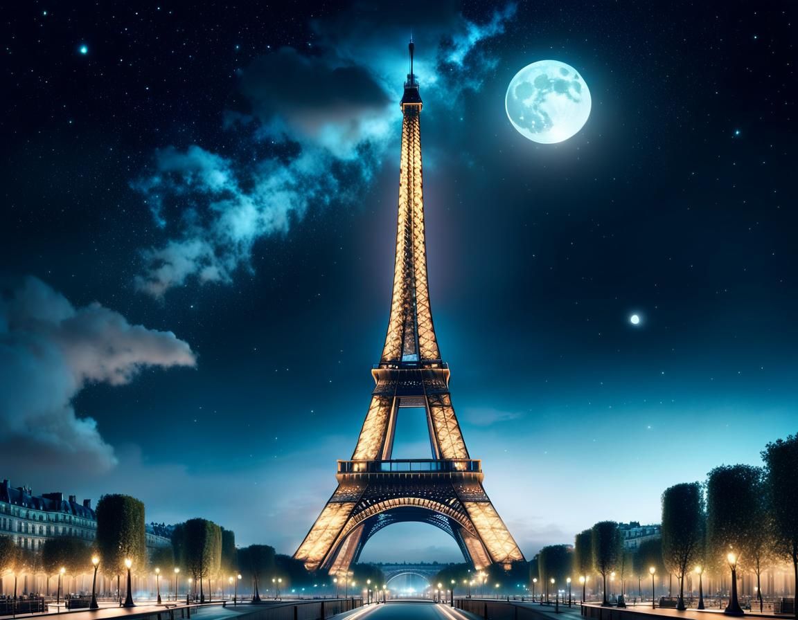 Eiffel Tower Under a Mystical Moonlit Sky