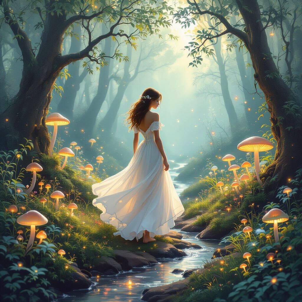 Ethereal Forest Scene with Glowing Flora in Digital Painting