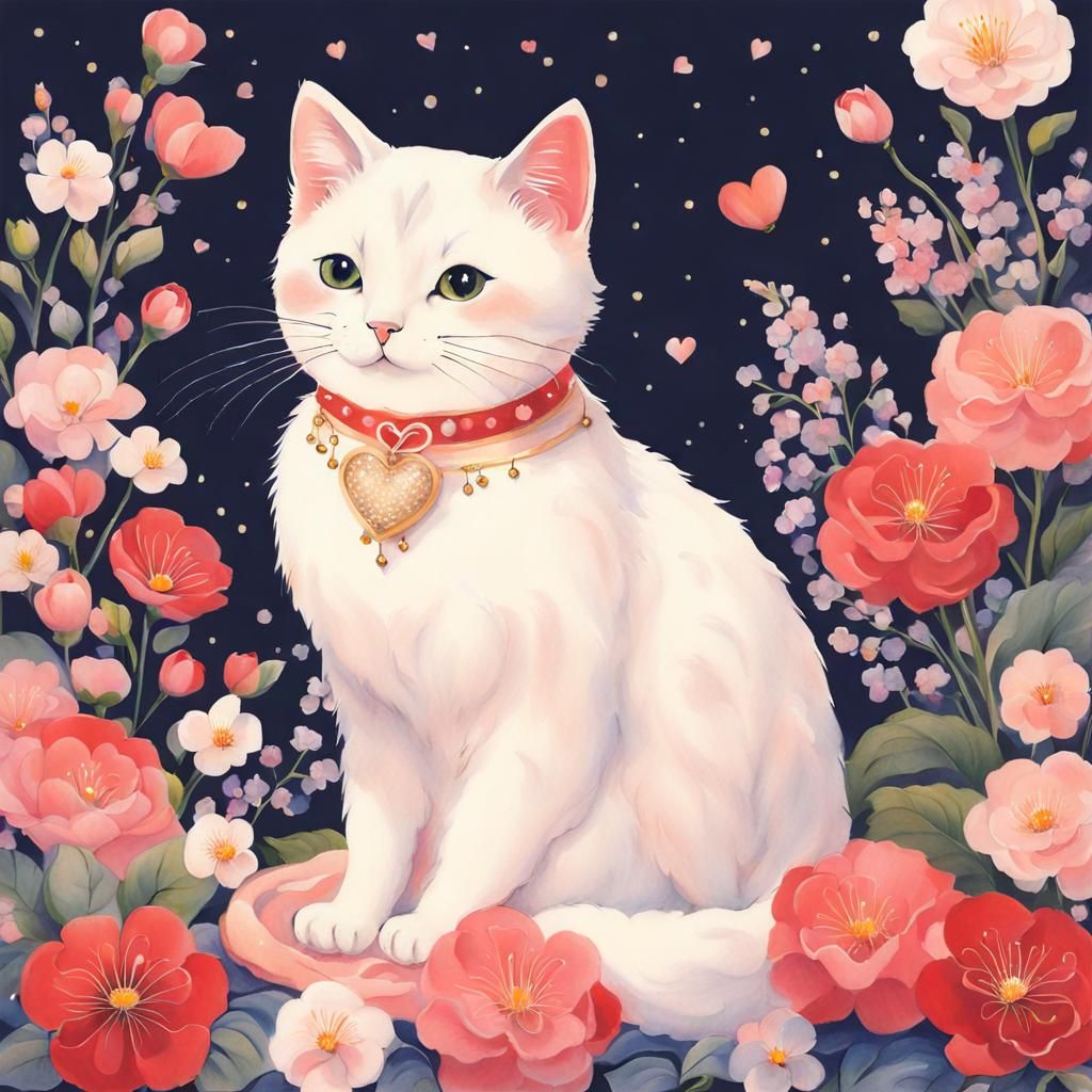 Cat with Flowers in Anime Style