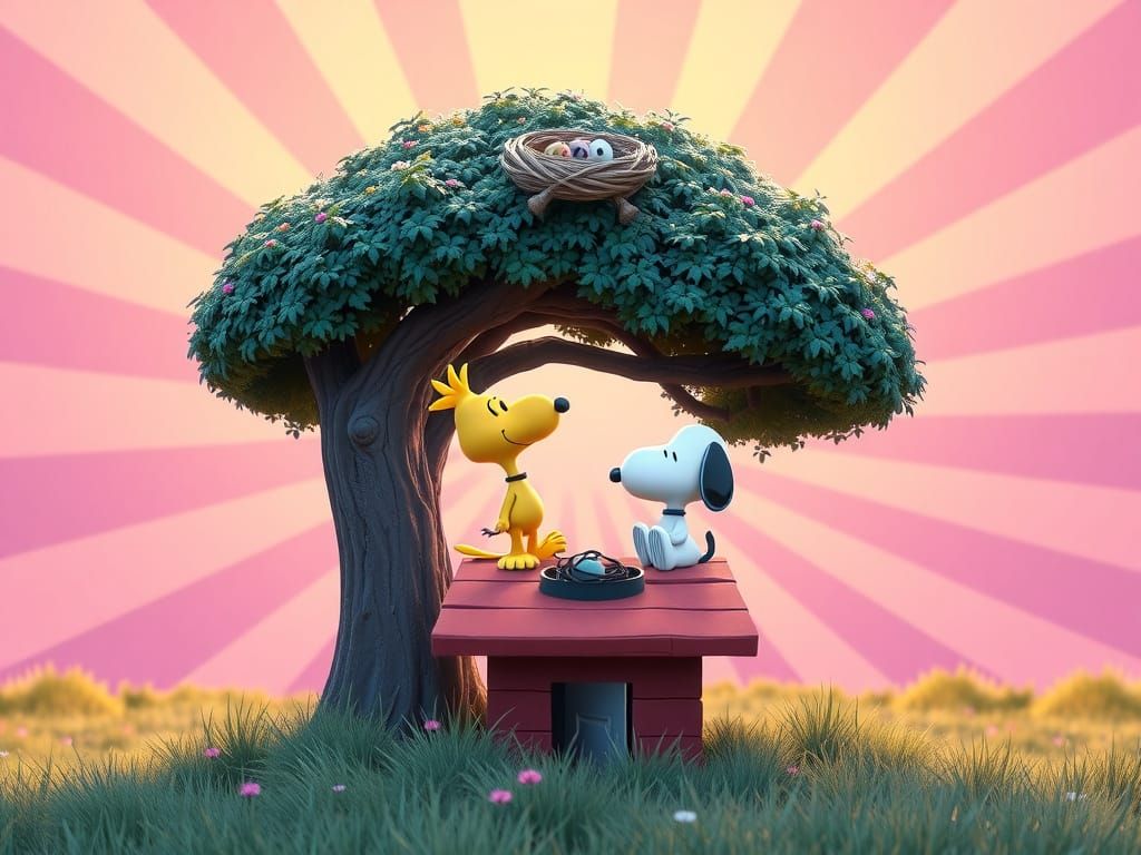 Woodstock and Snoopy in Vibrant Cartoon Style