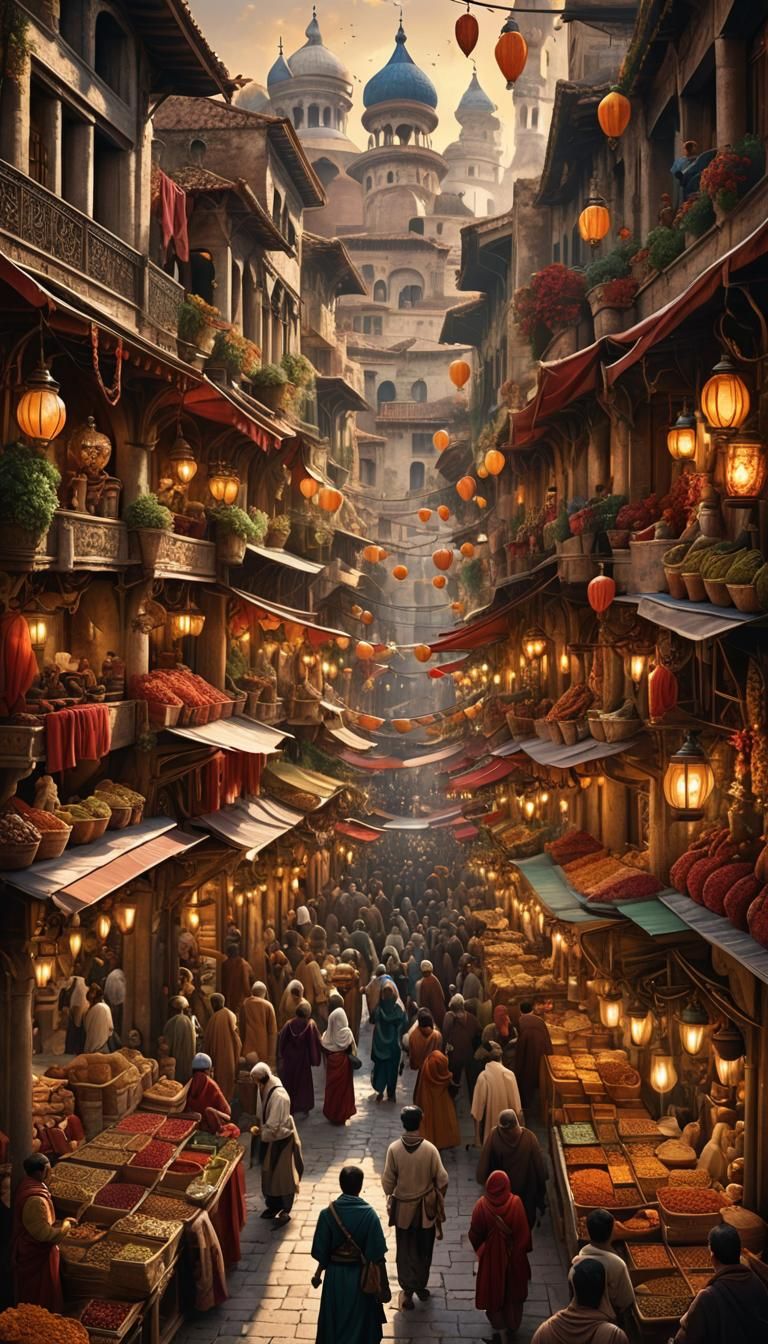 A Venetian Marketplace with Exotic Goods: A bustling marketp...