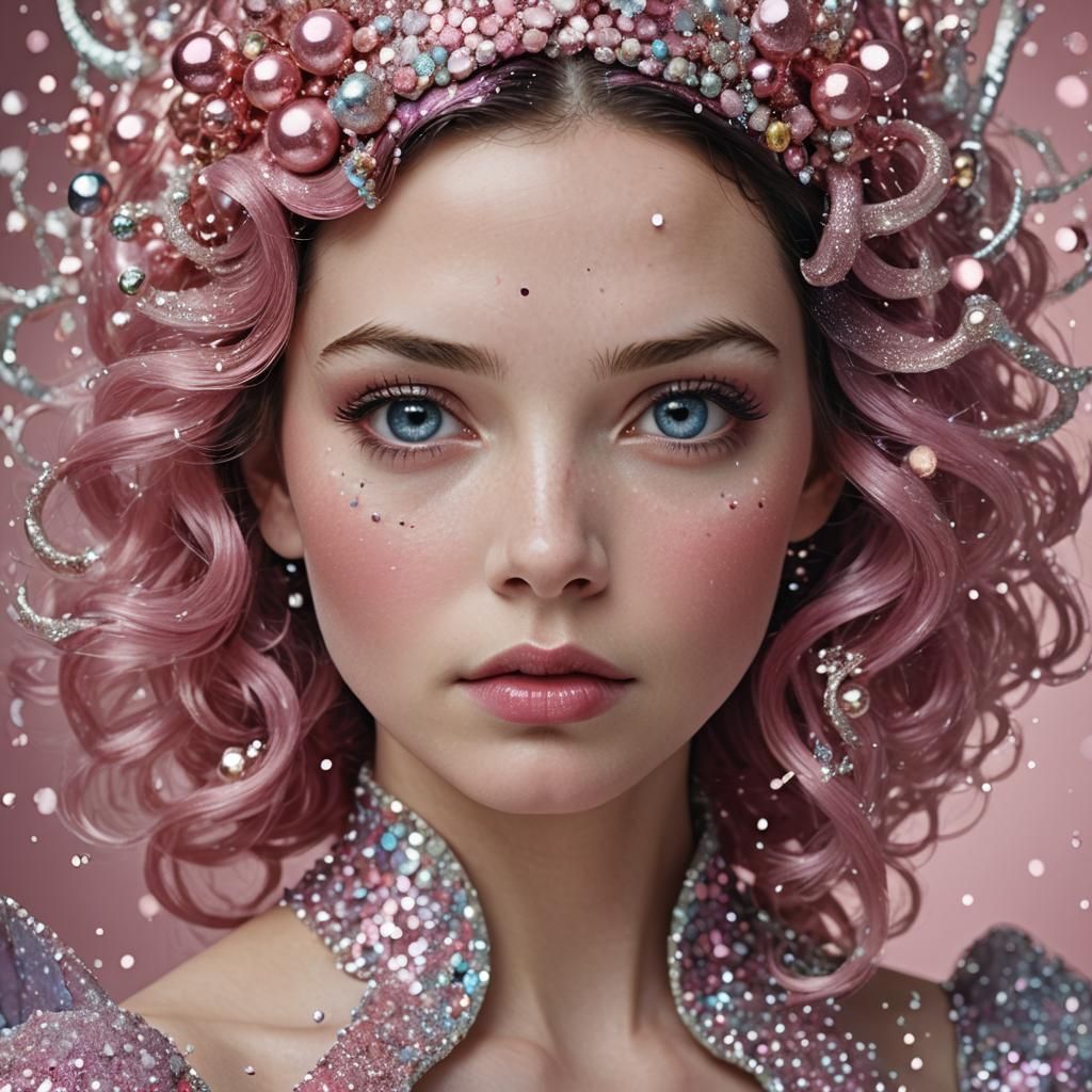Snow White Space Mermaid Portrait with Pink Sparkles