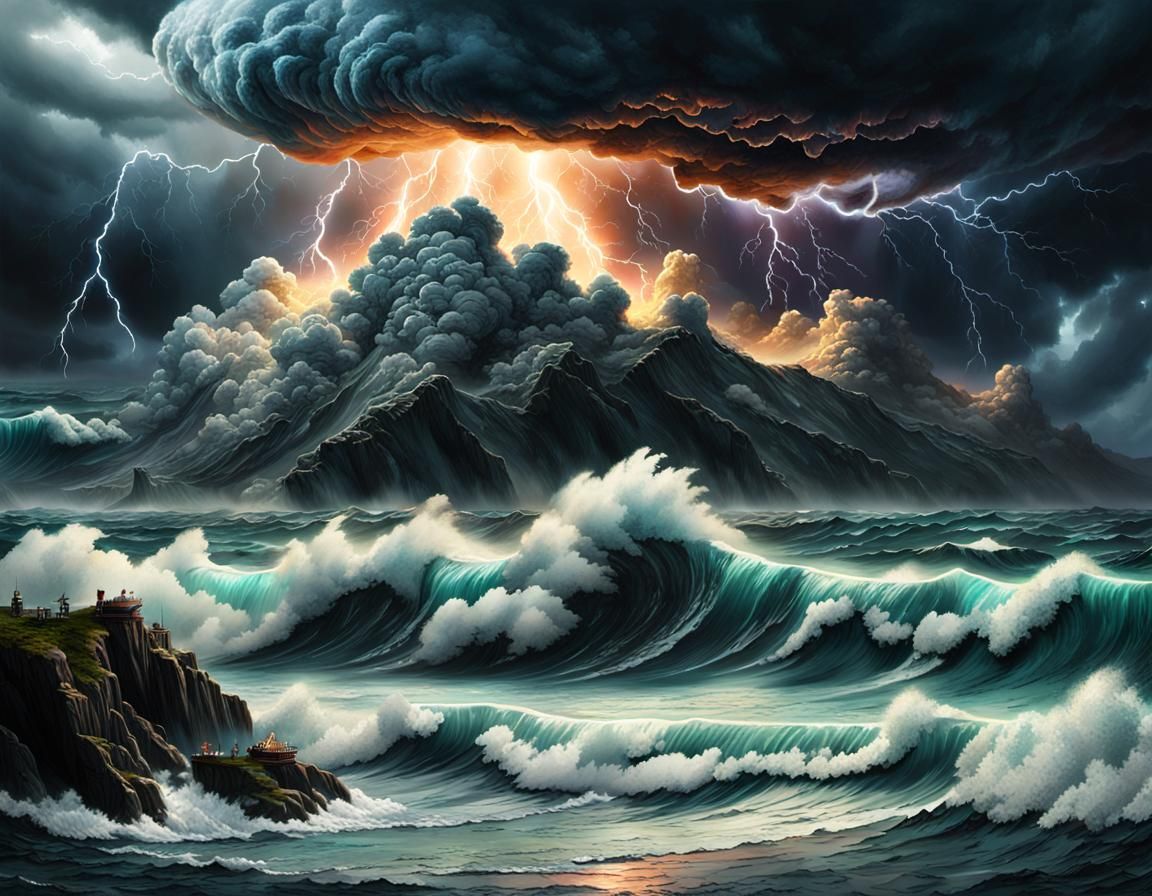 Towering Waves and Lightning Storm at Sea