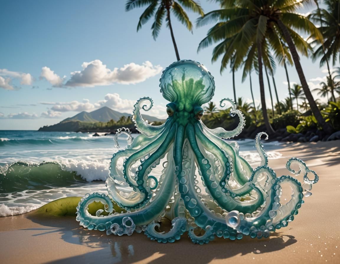 Giant Kraken Octopus Wave, Hyperrealistic Hawaiian Photo