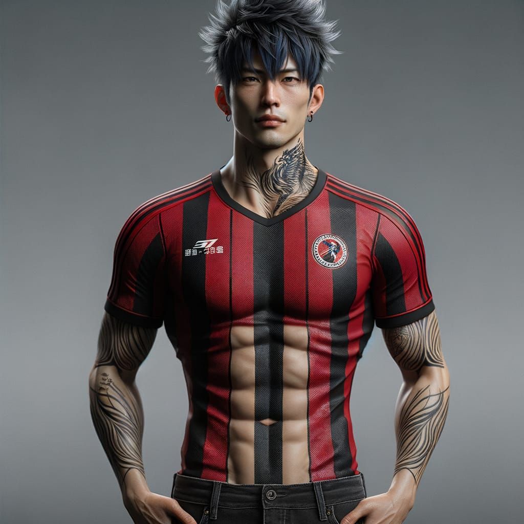 Japanese Footballer with Grunge Style and Tattoos