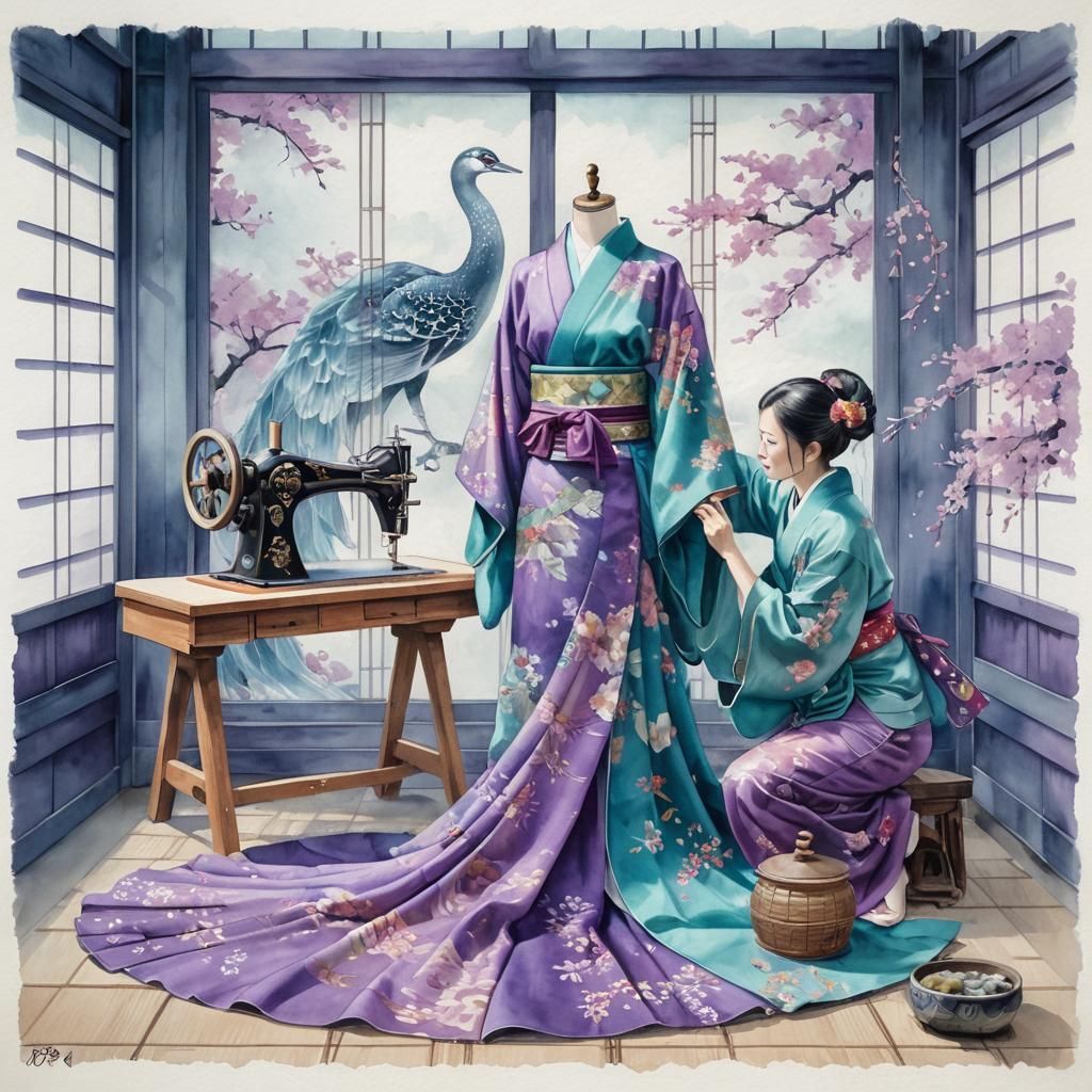 Seamstress Creates Kimono: Watercolor Painting