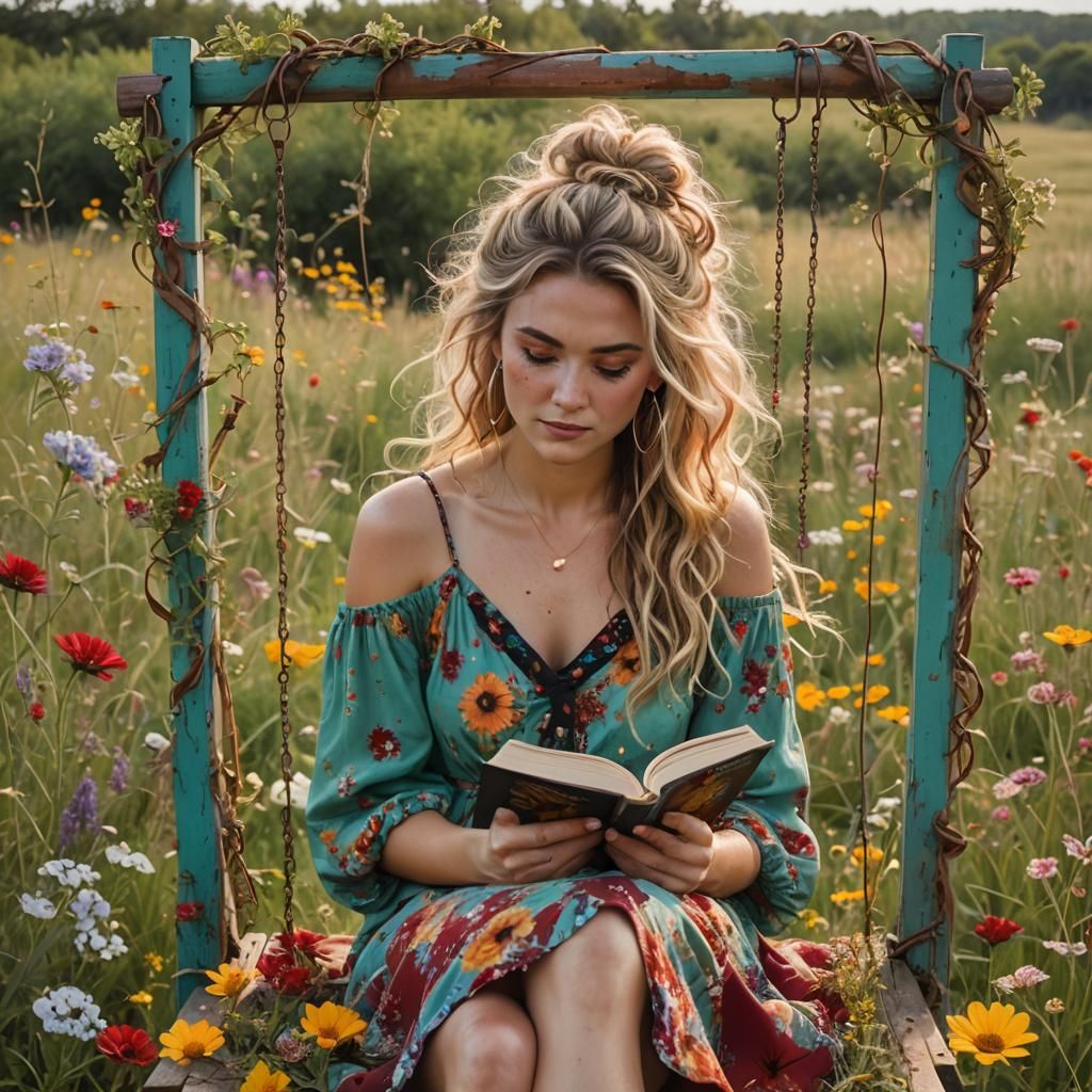 Woman Reading in Wildflower Field: Romantic Watercolor