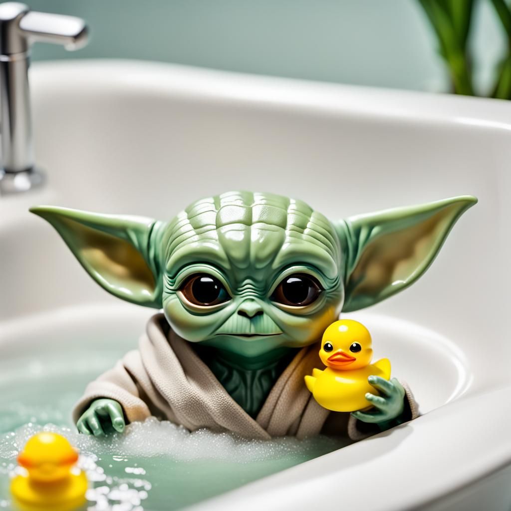 Baby Yoda Action Figure in Bathtub Photograph