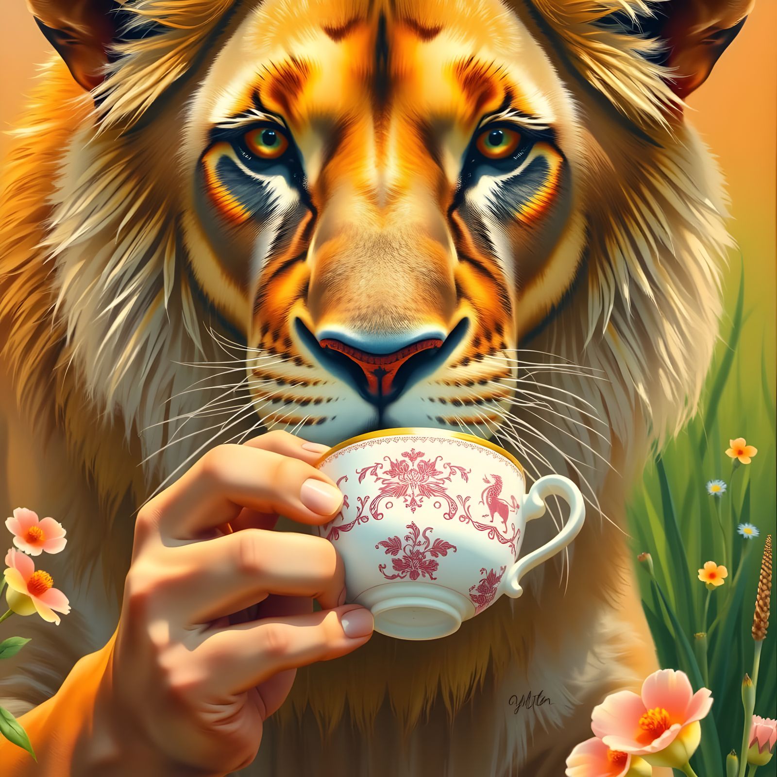 Lion Sipping Coffee in Gouache Watercolor Style