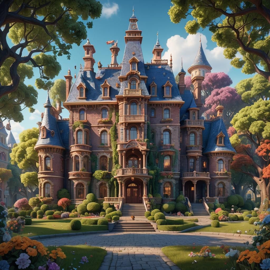 Whimsical Cake Castle in Vibrant Pixar Style