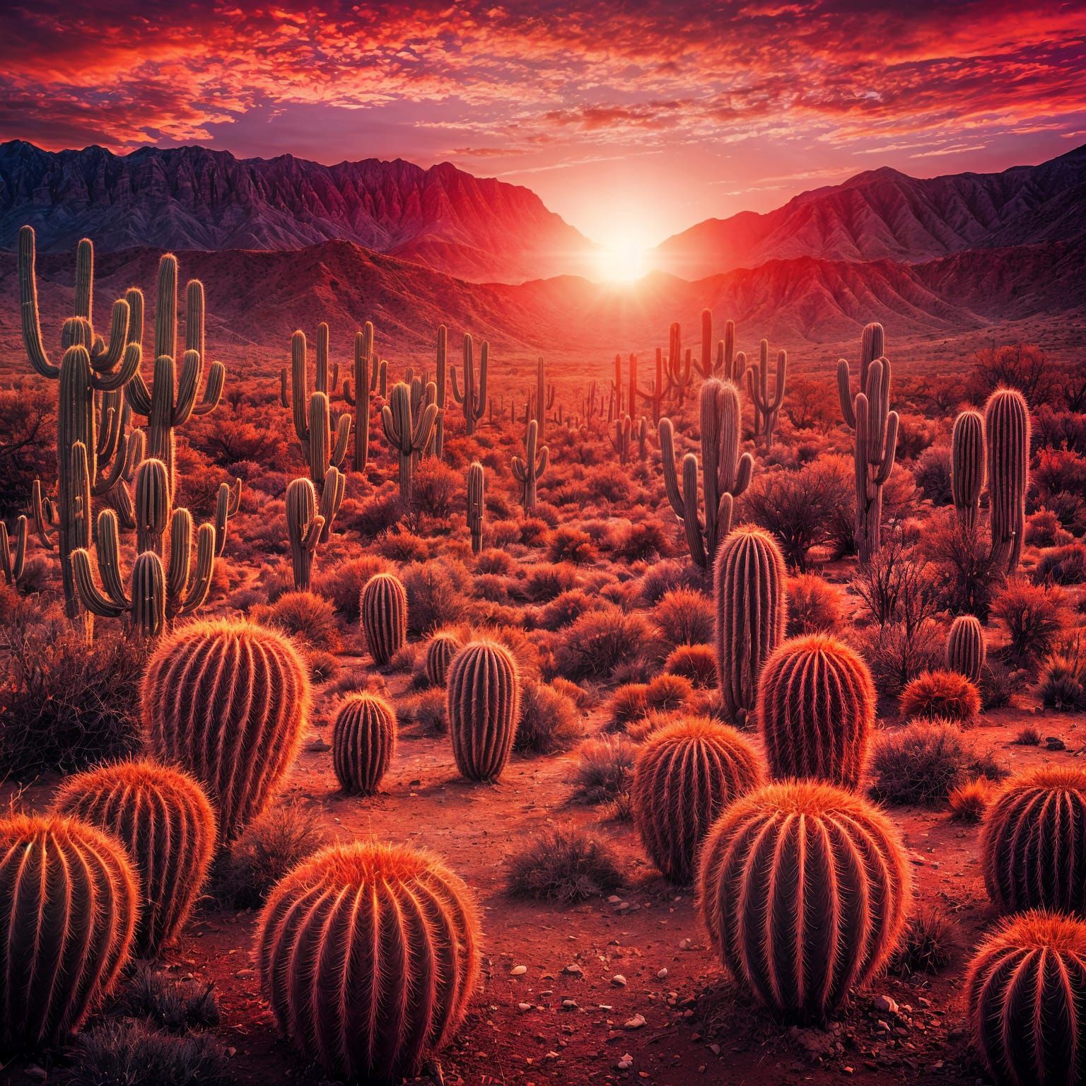 Hyperdetailed Red Sunset Over Desert Landscape
