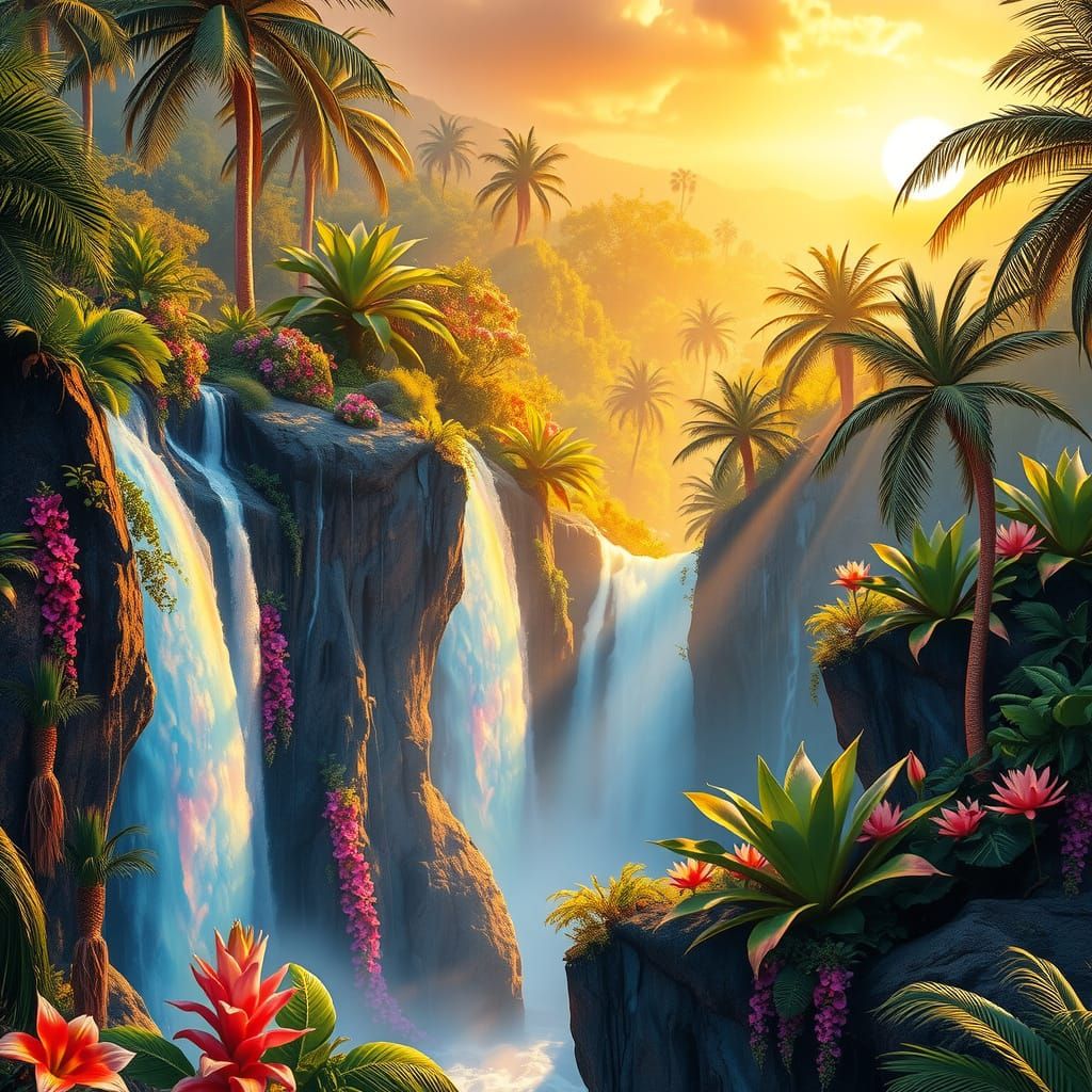 Surreal Tropical Oasis with Multicolored Waterfalls and Flow...