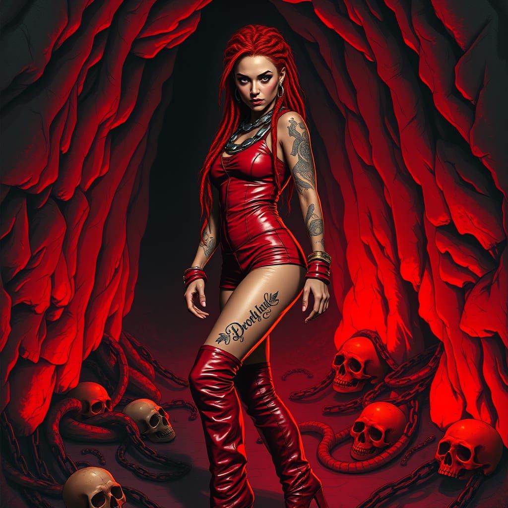 Cyberpunk Goddess in Red Leather Armor