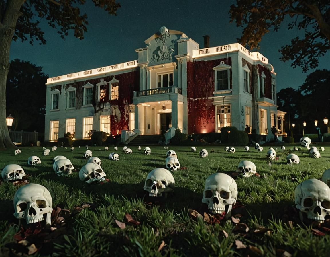 Eerie Art Deco Building with Skulls in Cinematic Style