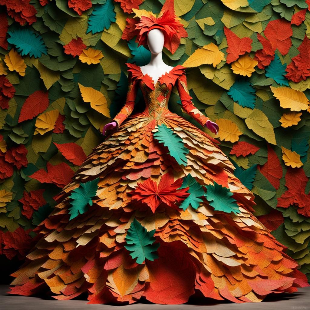 Fine Art Paper Collage, Alexander McQueen Savage Beauty Ballgown, Leaf Embossed Ripped Paper, Long Sleeved, Tiered Flare...