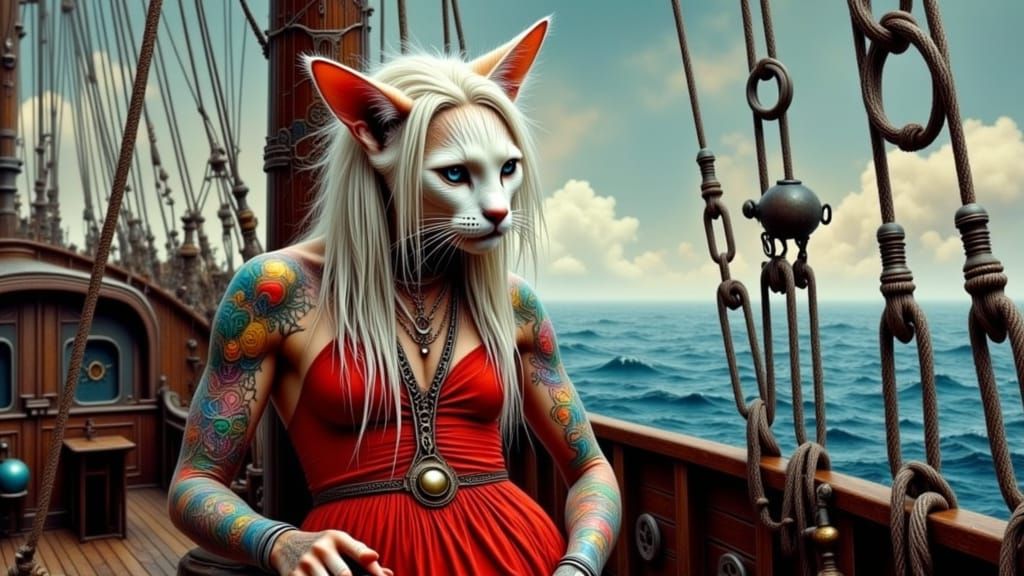Cute Albino Dread Pirate Cat in Red Dress