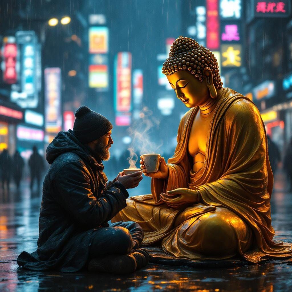 Buddha Offers Tea in Neon City, Cyber-Baroque Style