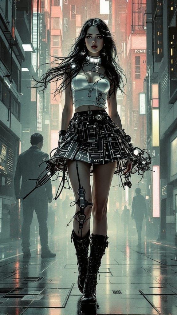 Neurofuturistic Pin-Up Girl Walks Through Rainy City at Nigh...