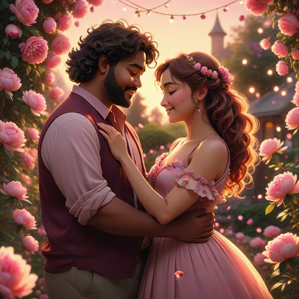 Romantic Garden Sunset in Vibrant Magical Realism Style