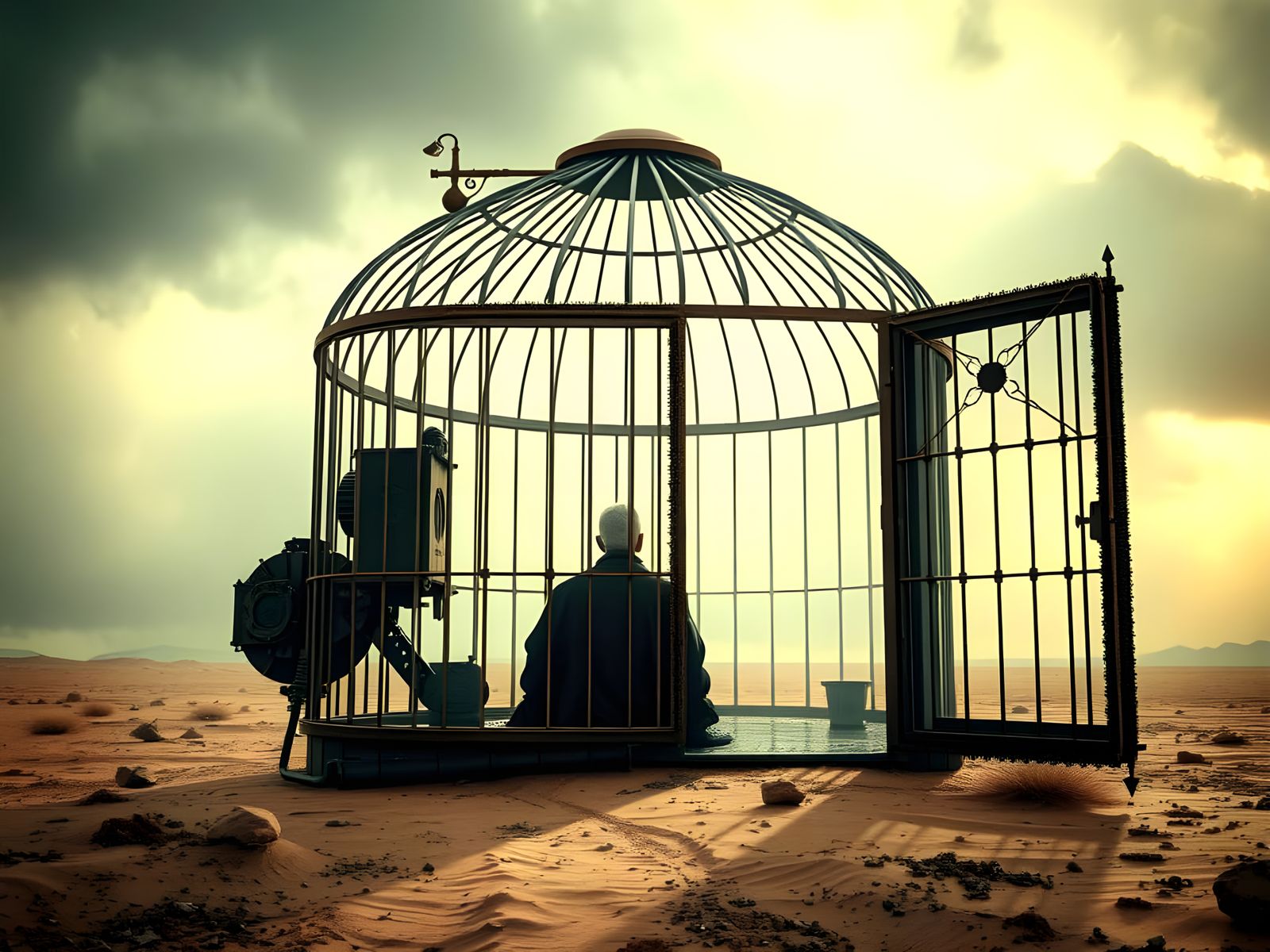 Steampunk Metal Cage in Foggy Desert Landscape