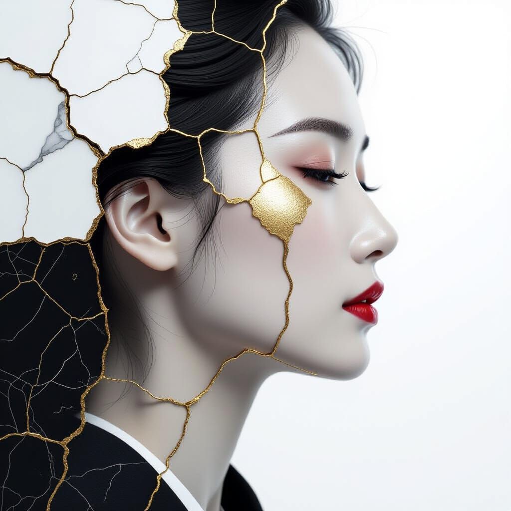 Marble Woman Profile with Golden Kintsugi Joints