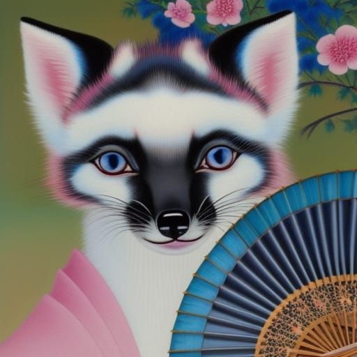 Elegant Kitsune in Kimono with Fan, Oil Painting