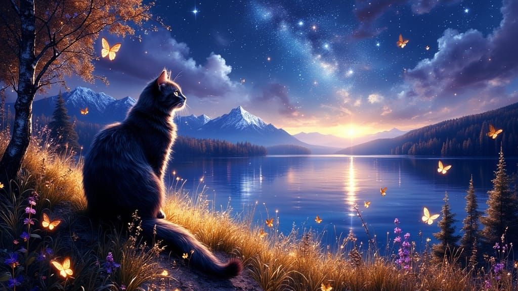 Regal Cat Overlooks Aurora Lake Landscape