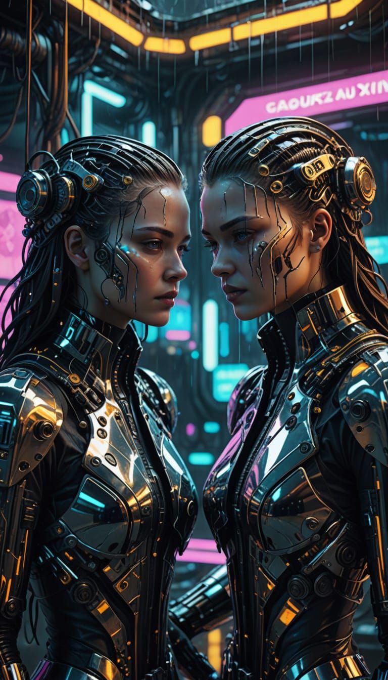 Cyberpunk Women Melting into Liquid Metal