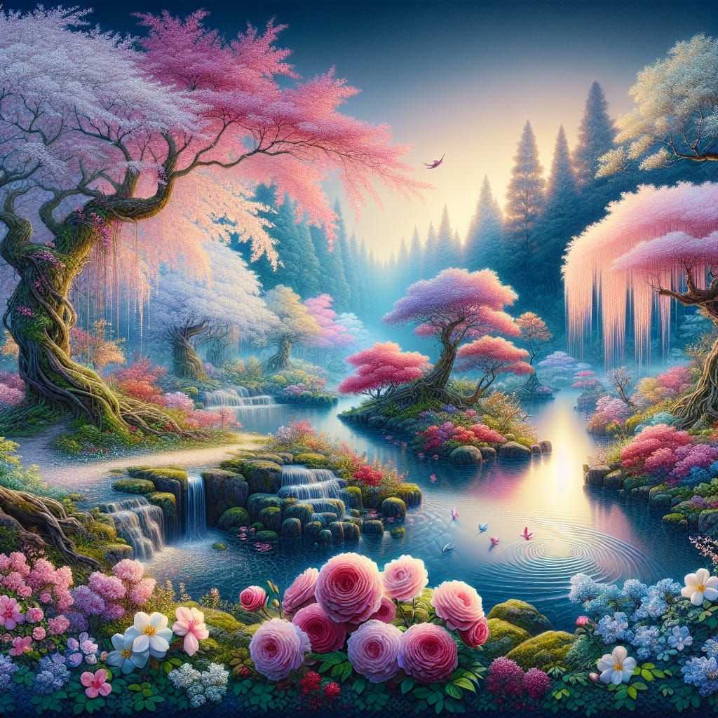 Japanese Spring, Cherry Blossoms, Roses, small stream that gently falls into one pond that creates a second pond which e...