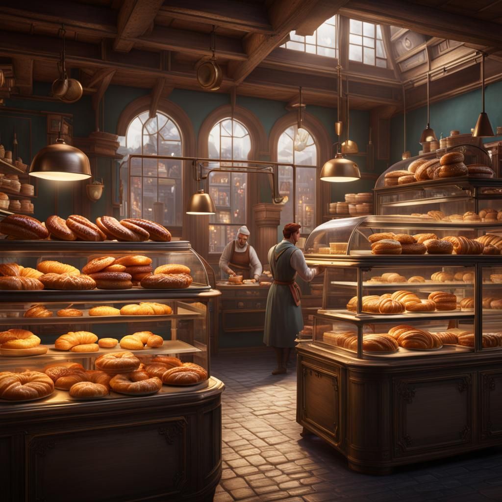 Bakery Scene: Croissants, Doughnuts, and Happy Customers