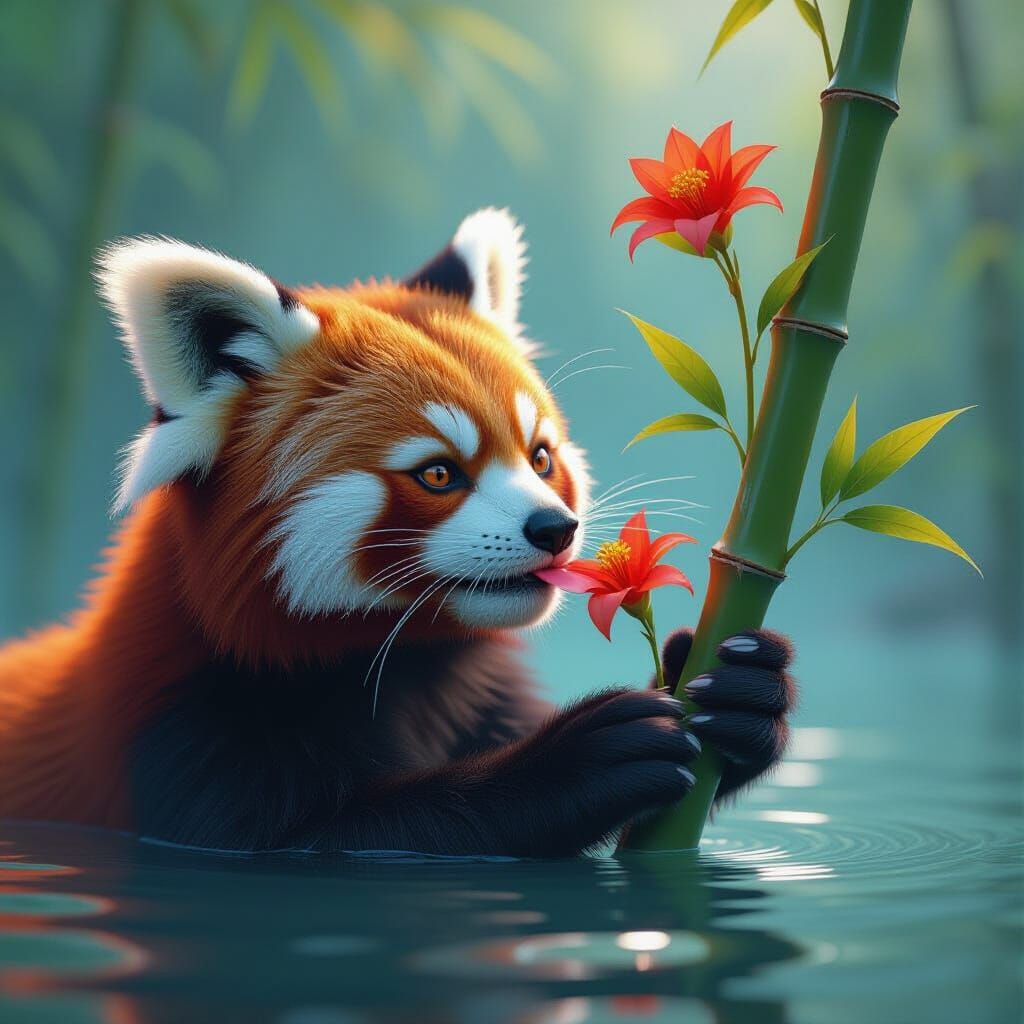 Fictional Red Panda Licks Flower from Floating Bamboo in Wat...