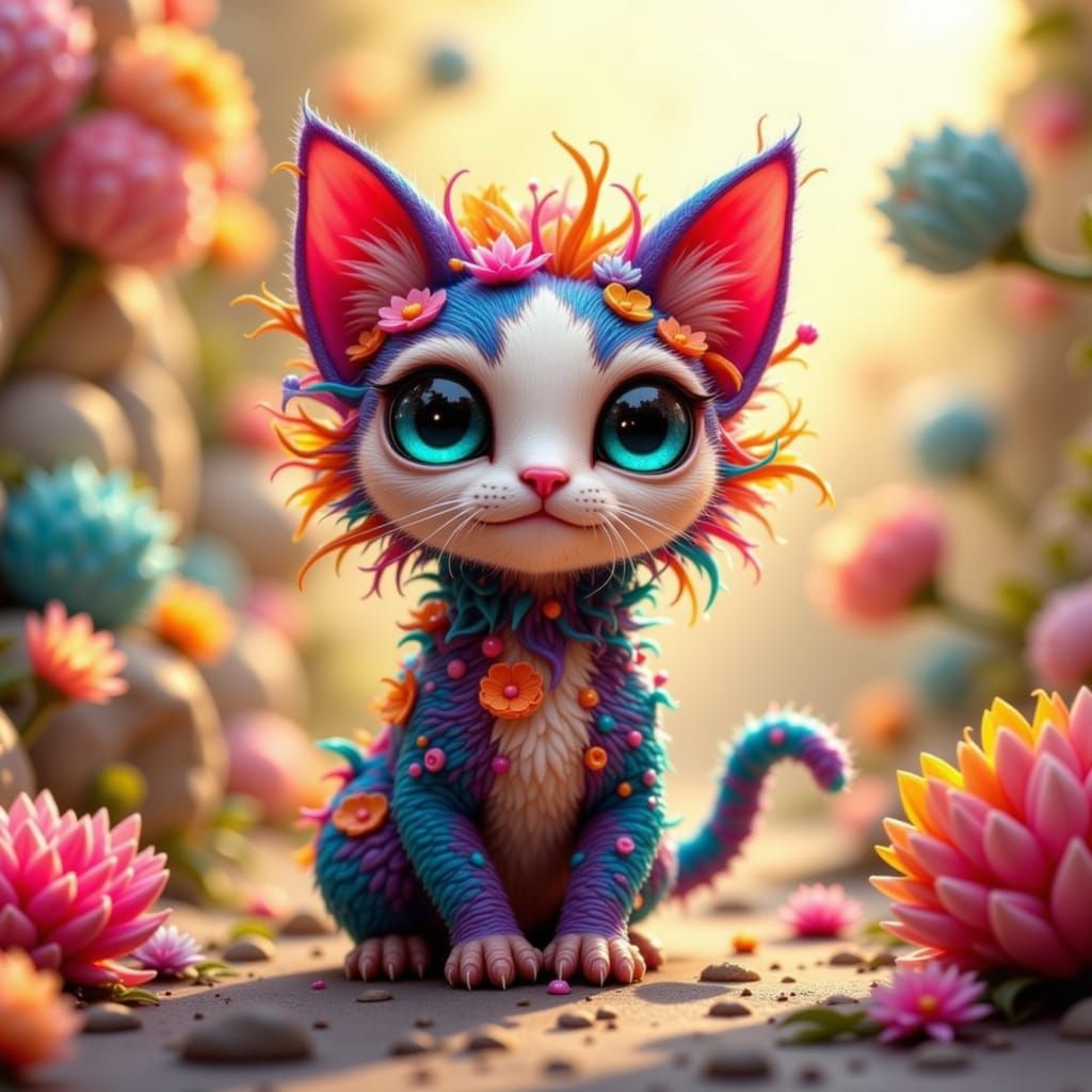 Whimsical Yarn Cat with Opal Eyes in Oil Painting Style