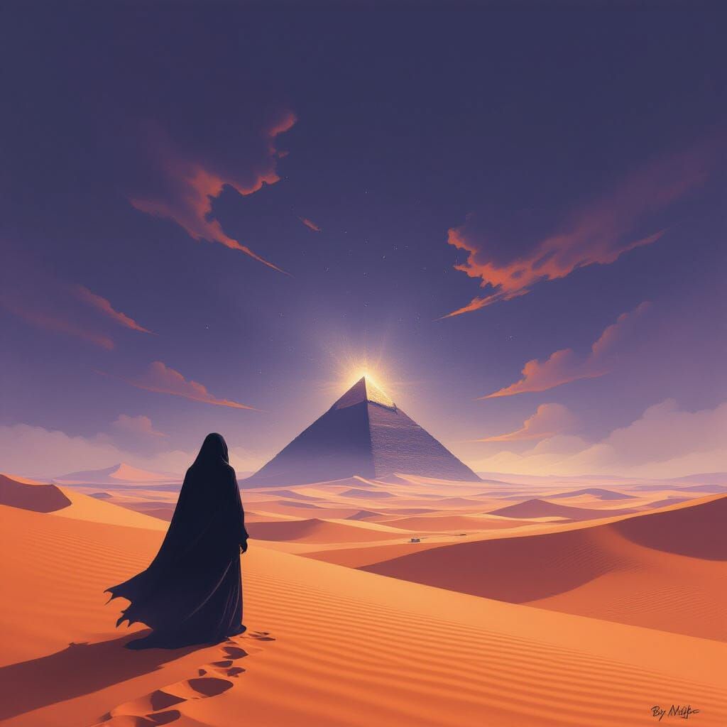 Shadowed Figure at Desert Precipice With Obsidian Pyramid