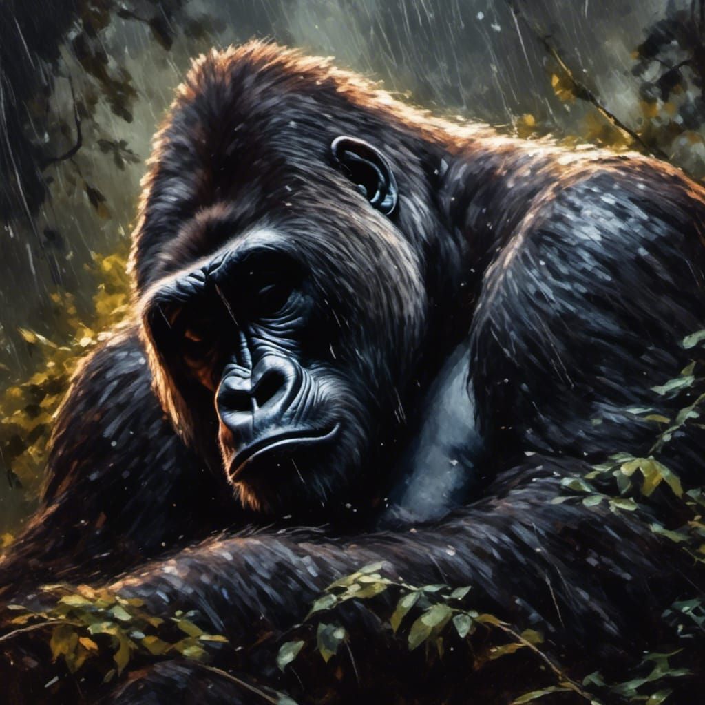 Gorilla waiting out the rain