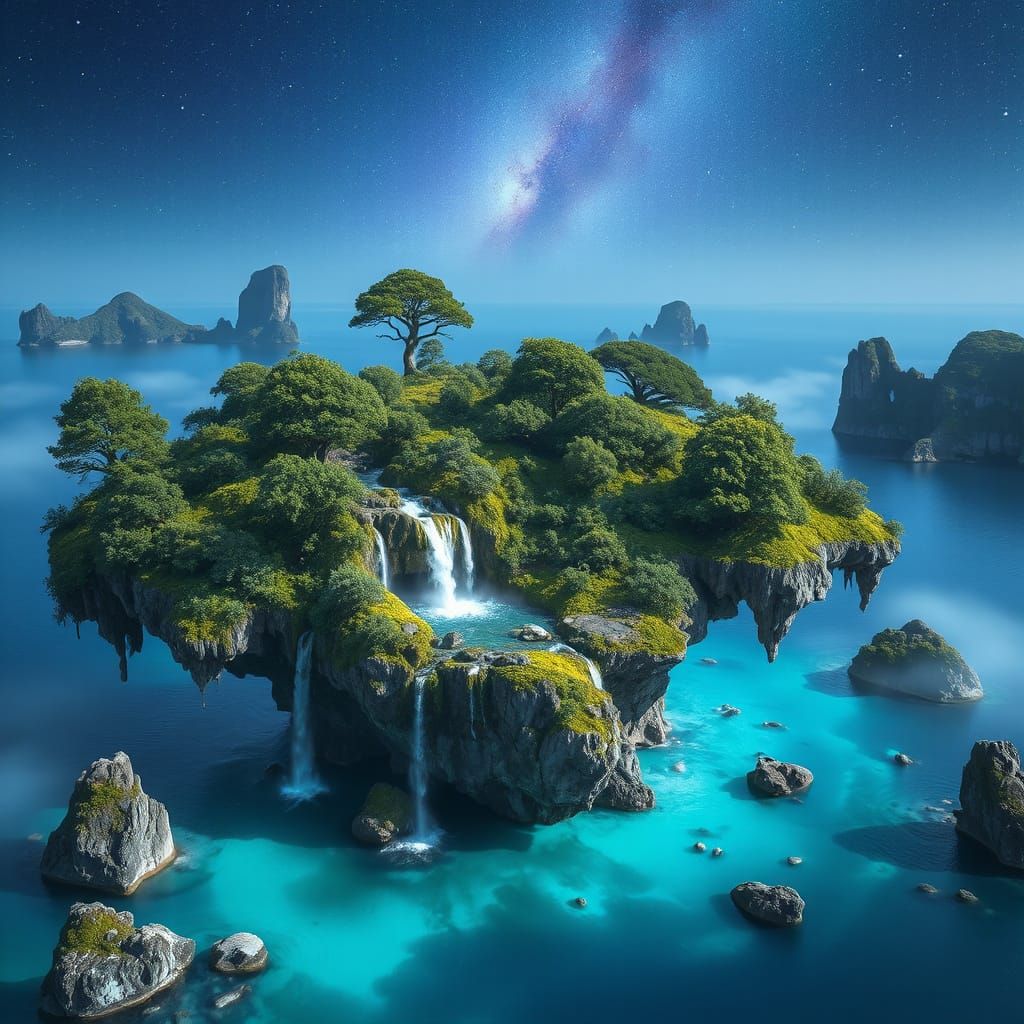 Majestic Floating Island Paradise Above Glowing Ocean