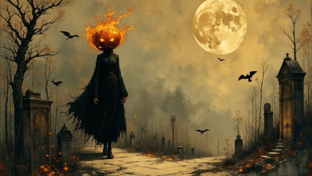Arcane Figure with Flaming Head in Moonlit Cemetery