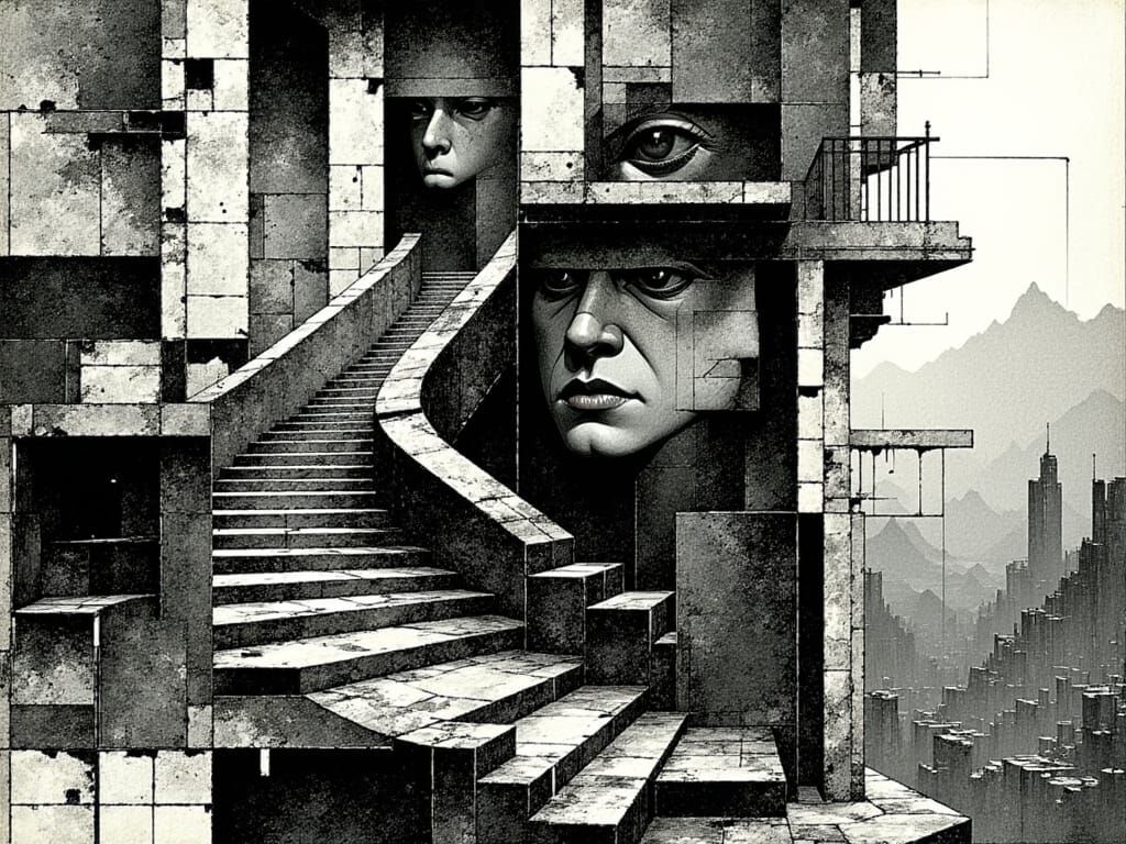 Surrealist Masterpiece in Geometric Chaos, Inspired by Esche...