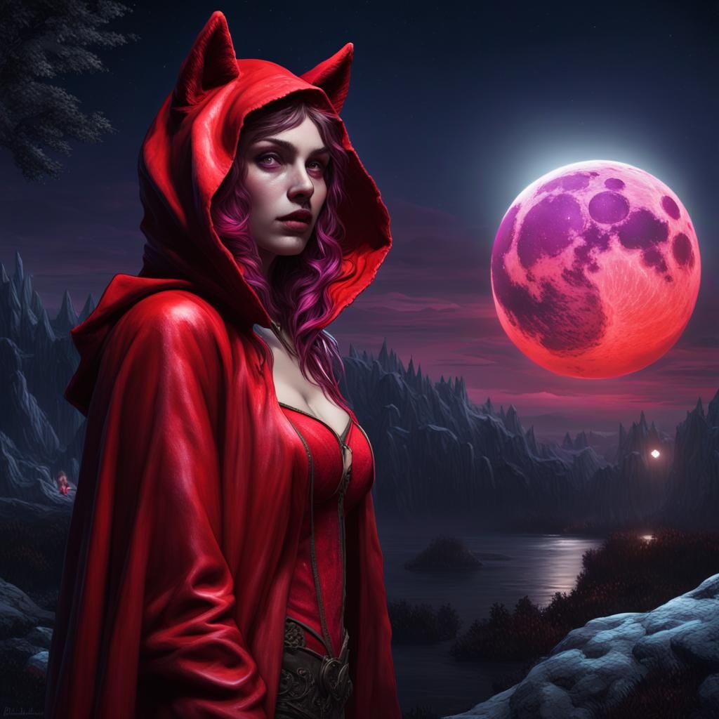 Red Hood Fairy Tale: Woman and Wolf at Night