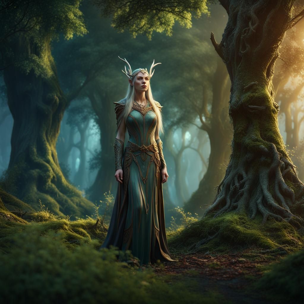Elven Druid in Forest Glade: Detailed Matte Painting