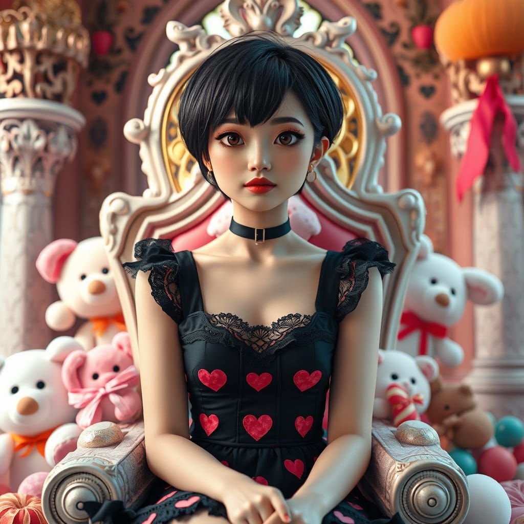 Yami Kawaii Thai Woman on Candy Throne, Art Nouveau Style