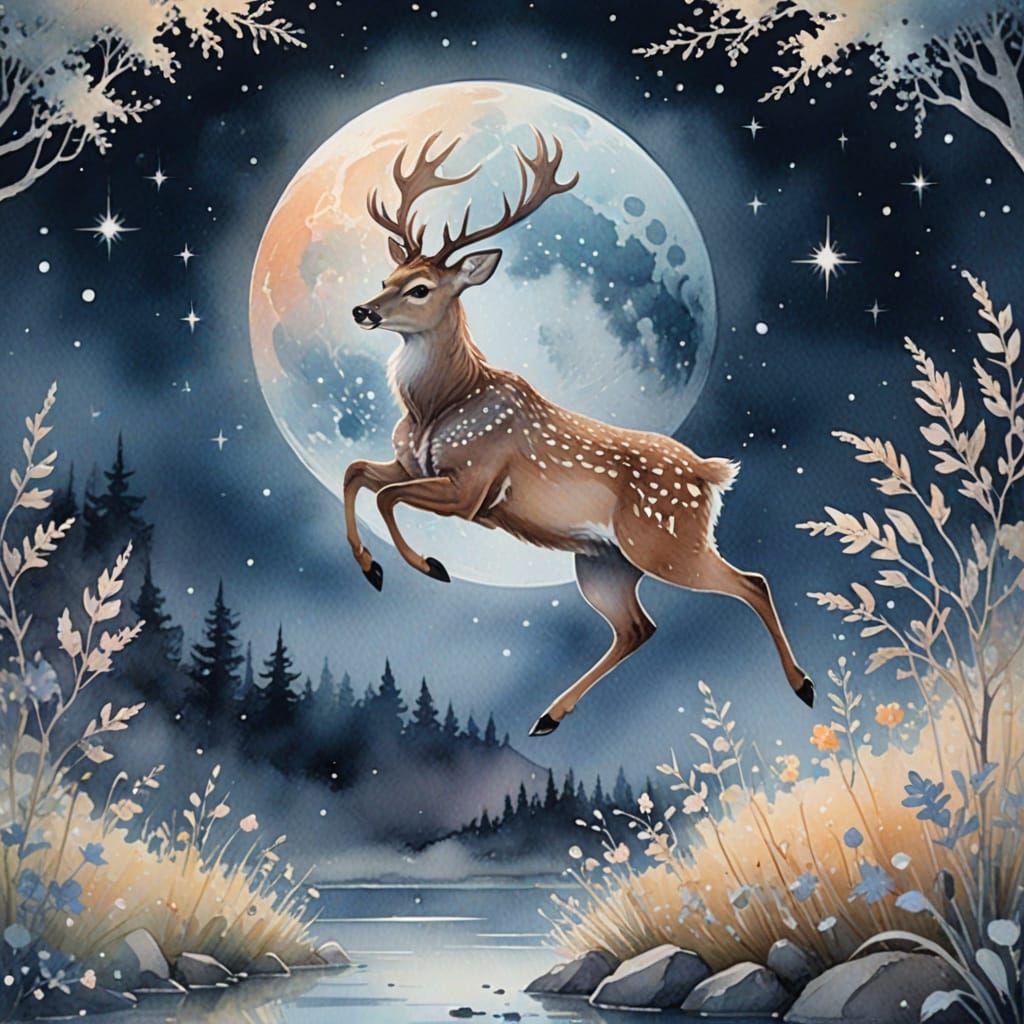 Whimsical Fantasy Deer Leaps on Delicate Lace Moon