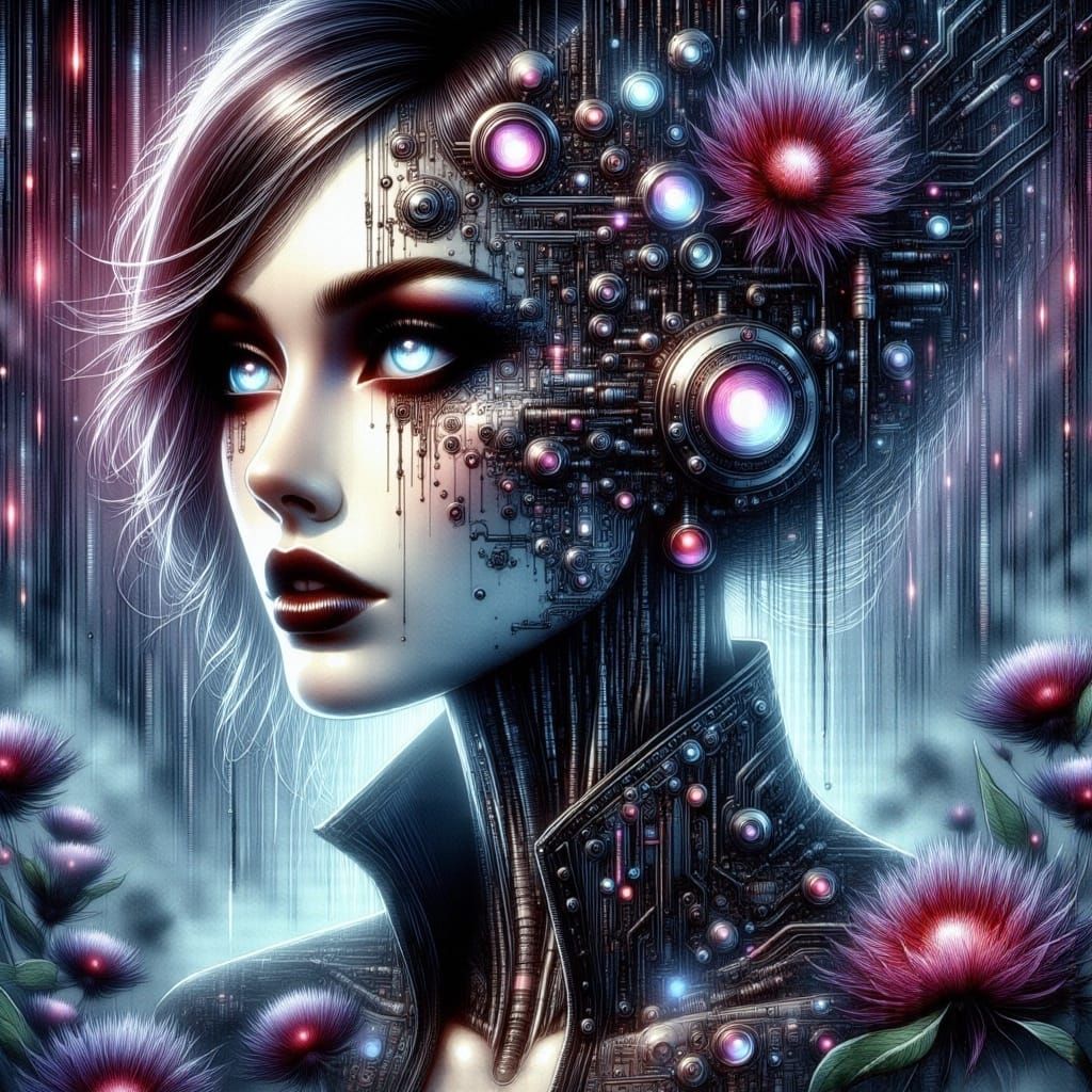 Silver Art Nouveau Cyber Robot in Bioluminescent Matrix